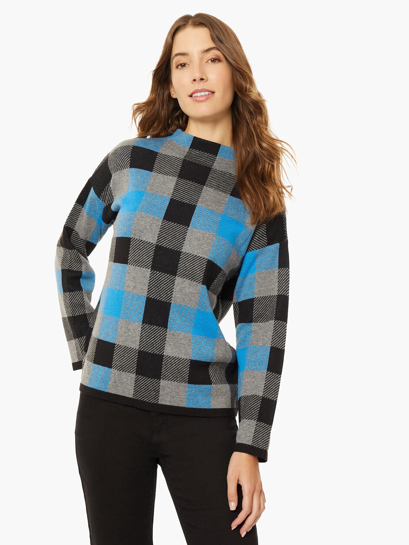 Checked Mock Neck Jacquard Sweater