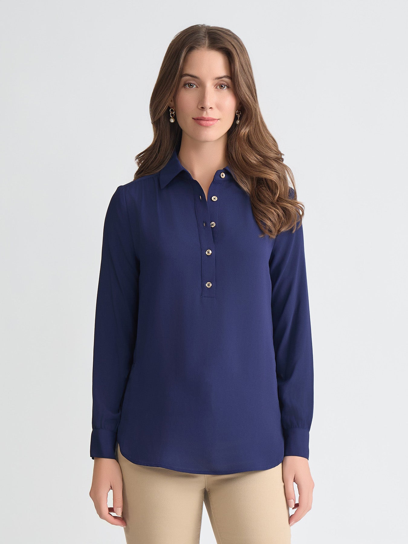 Long Sleeve Collared Popover Blouse