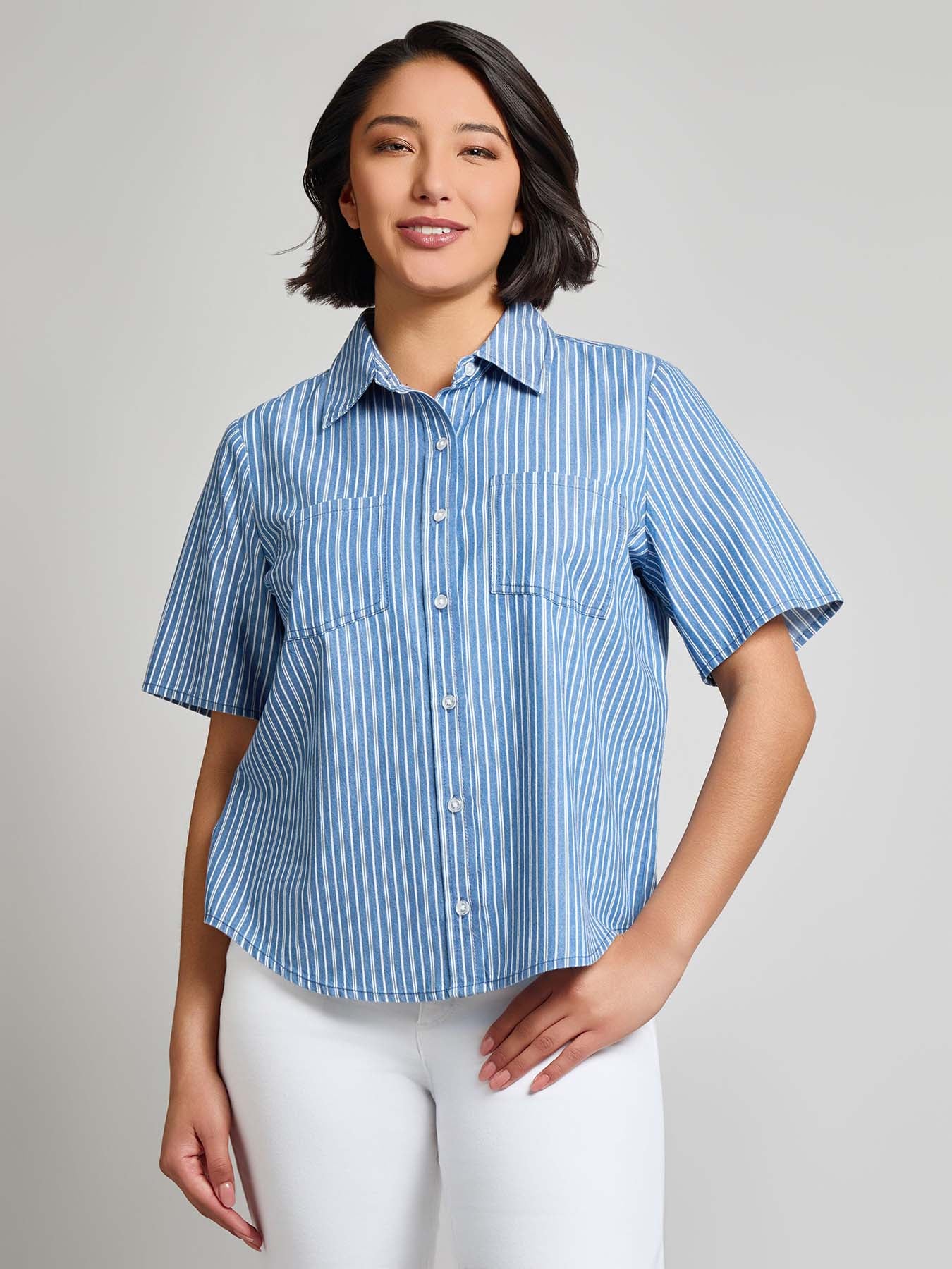 Petite Short Sleeve Button Front Top, Stripe Chambray