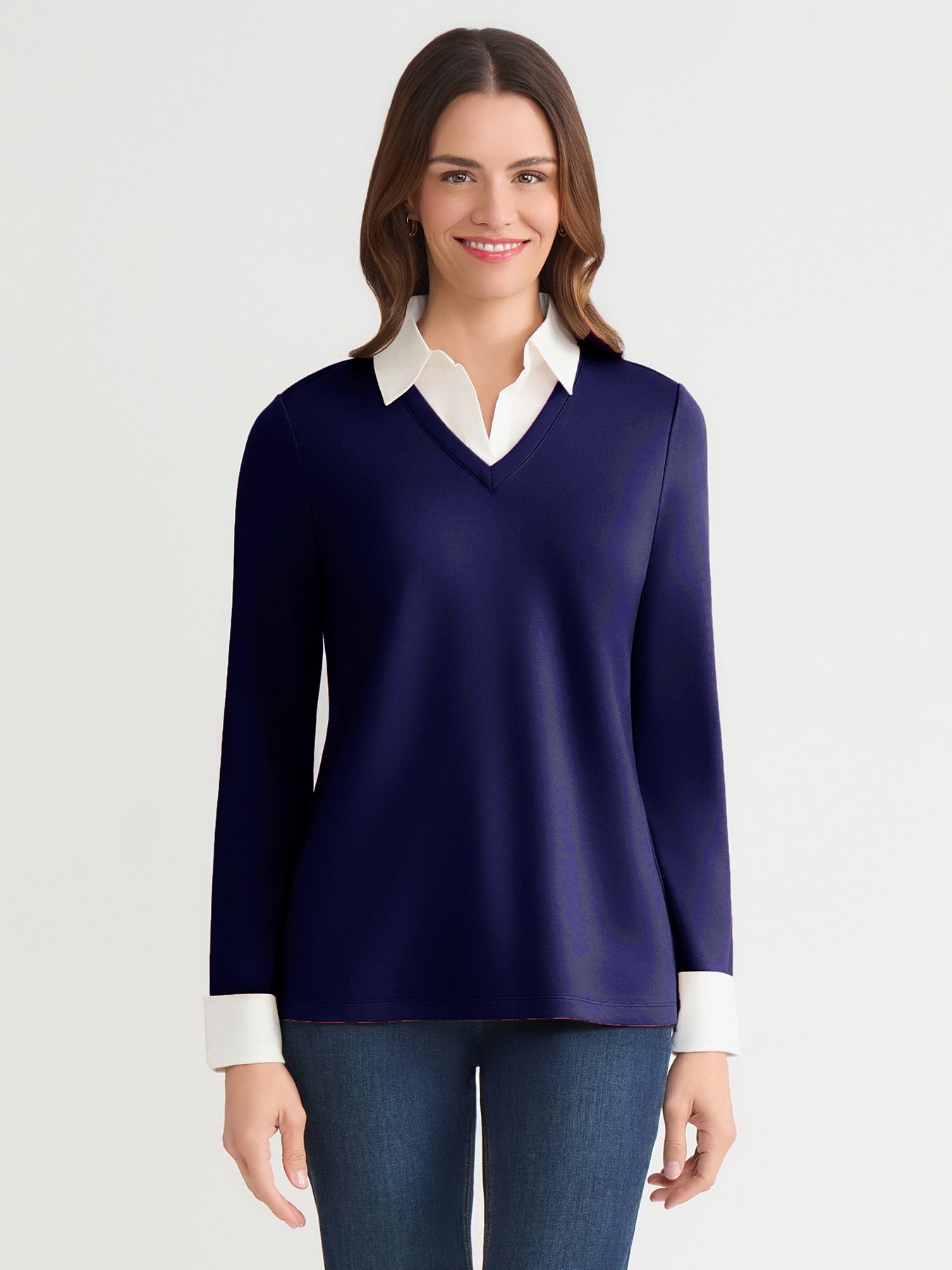 トップス 6 COTTON JACQUARD V NECK 5SLEEVE SHIRT Collared Shirt V-Neck Two-Fer Top