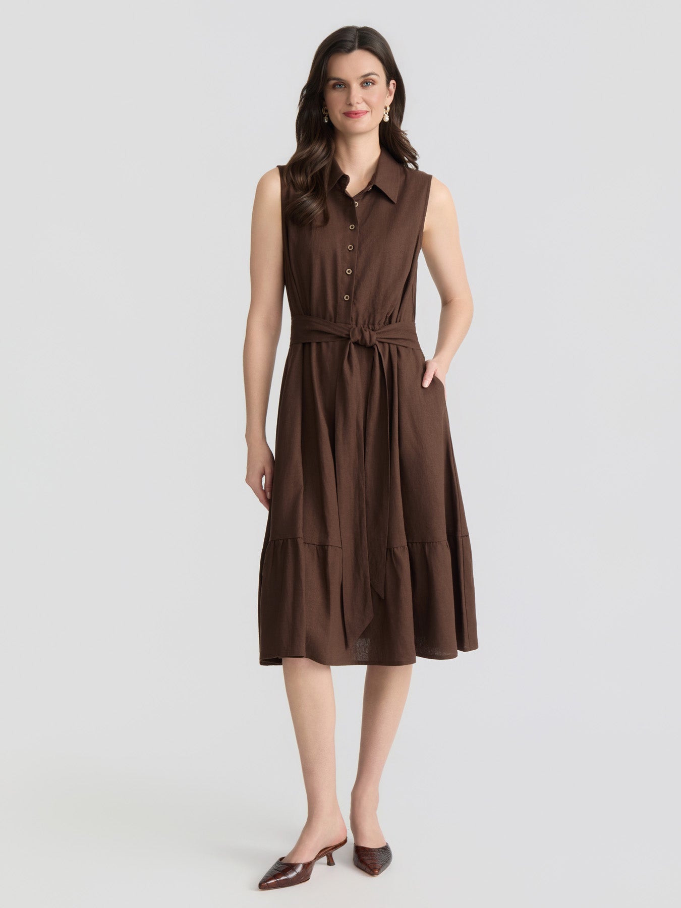 Jones New York Belted Linen-Blend Midi Shirtdress