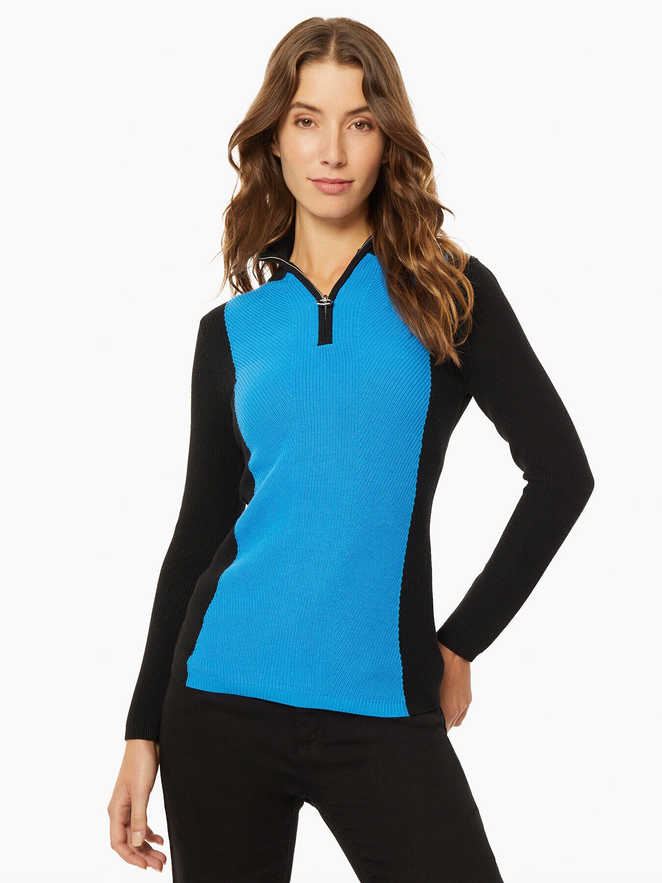 Two-Tone Quarter-Zip Ribbed Sweater
