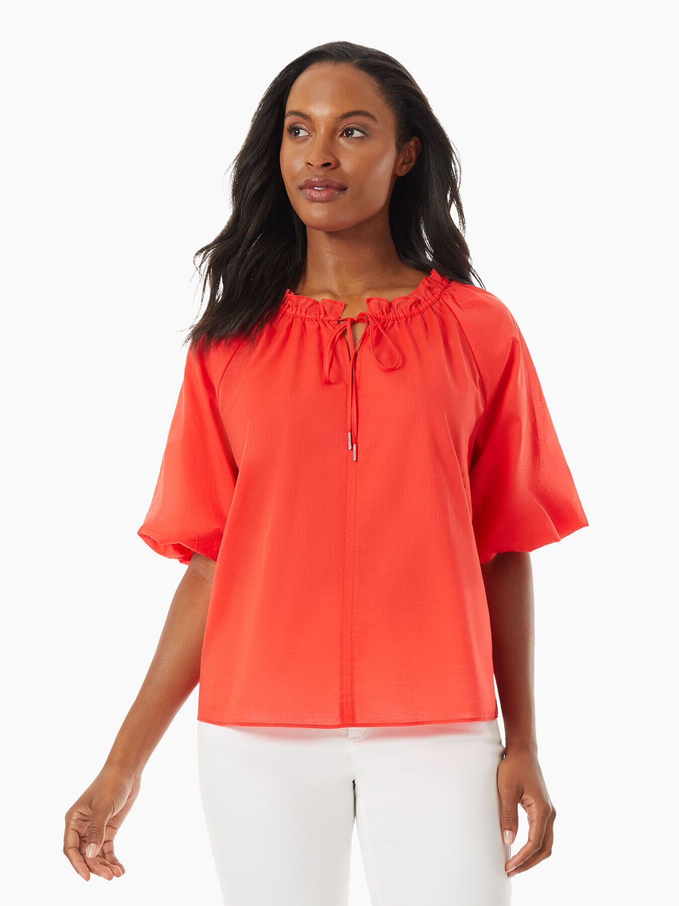 Tie-Neck Puff Sleeve Cotton Peasant Blouse