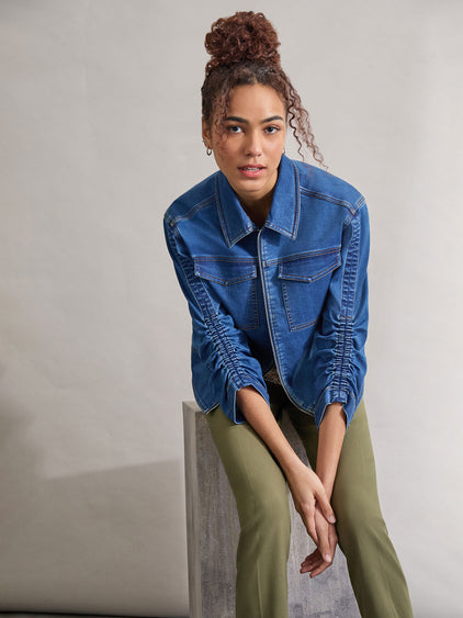 Petite Shirred Sleeve Denim Jacket
