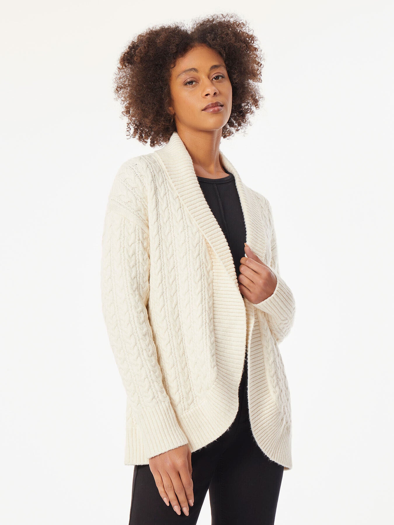 Shawl Collar Rounded Hem Cable Knit Cardigan