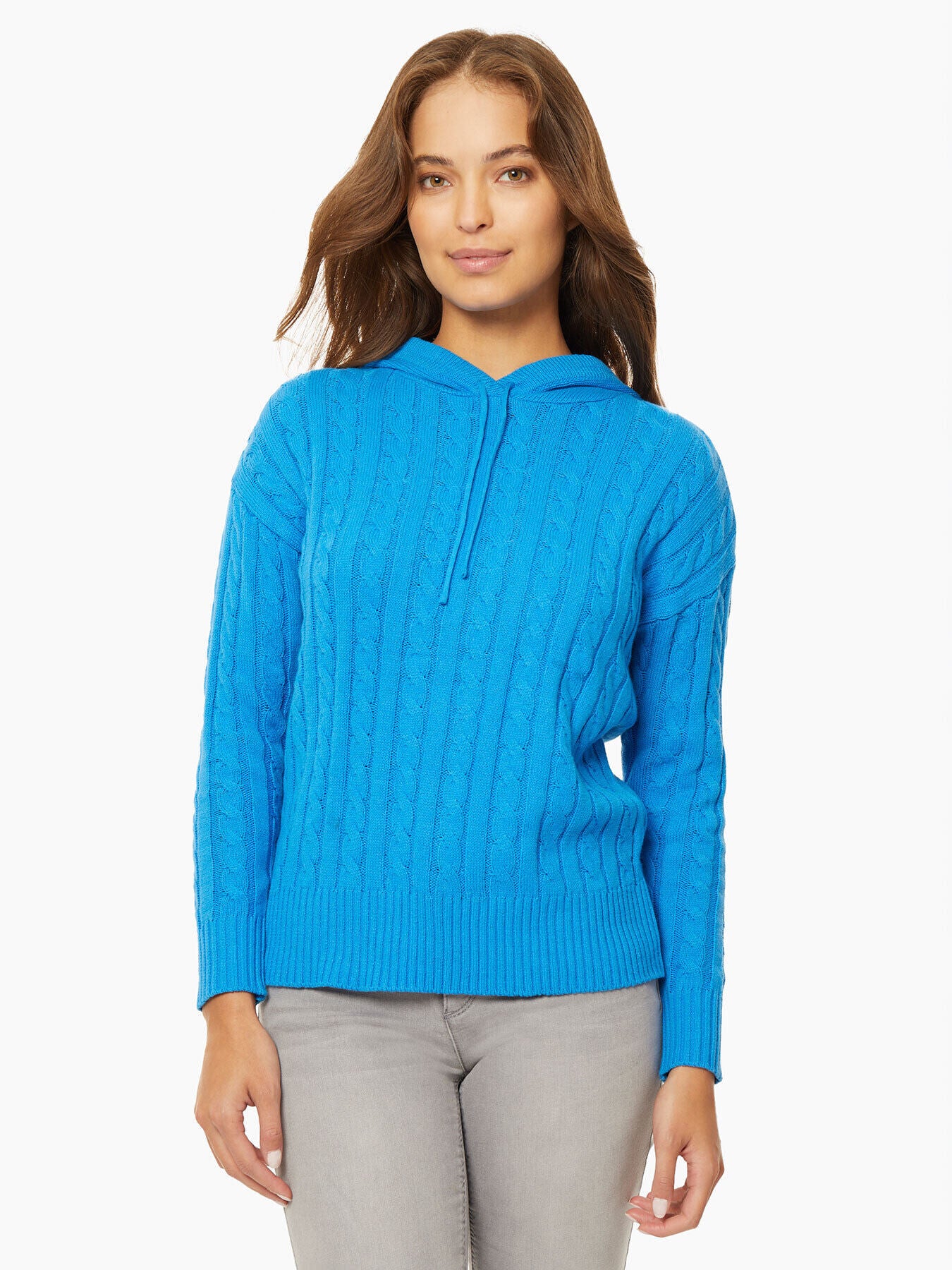 Hooded Sweater Blue Cable Knit Sweater Jones New York