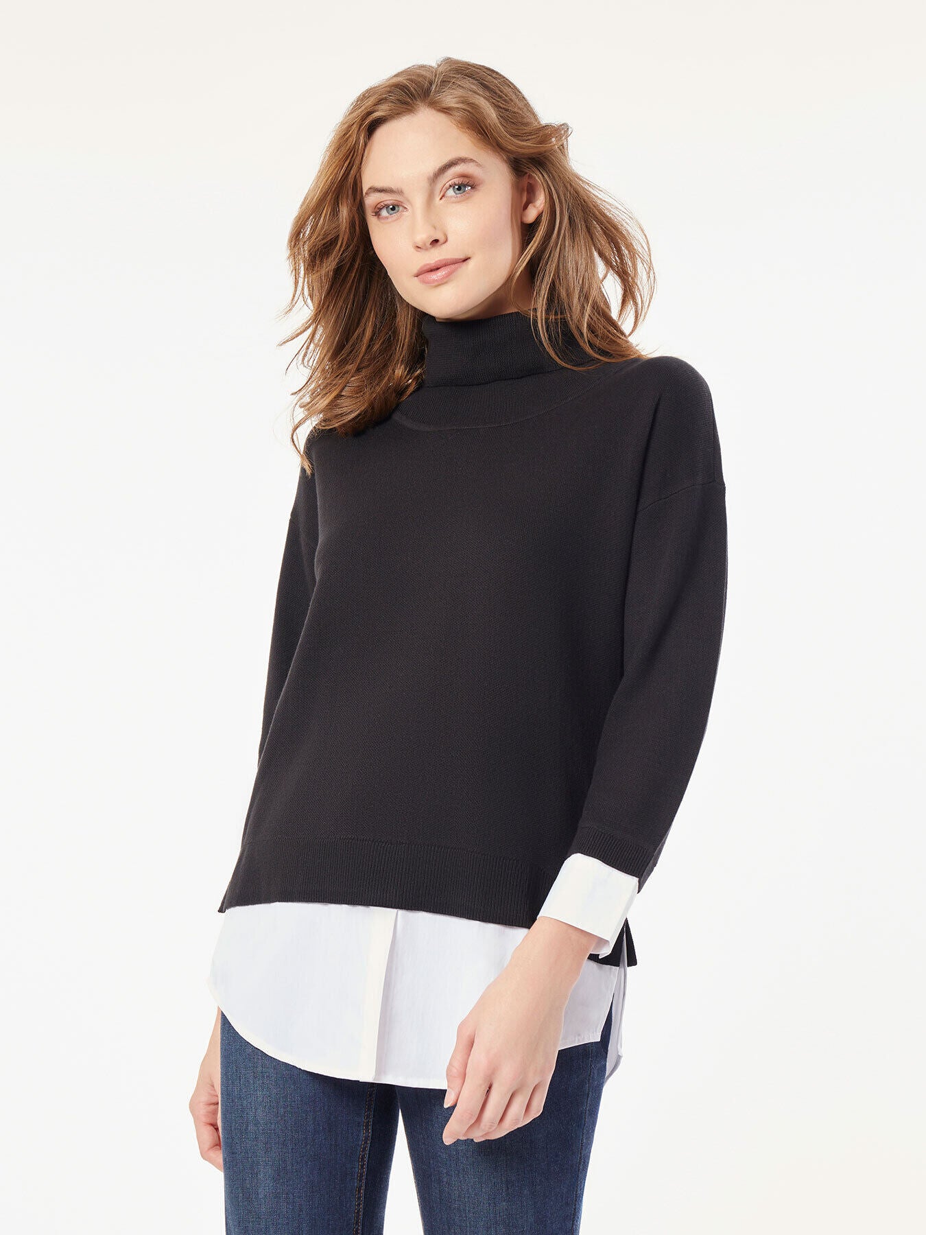 Turtleneck Sweater Woven Shirt Combo Top