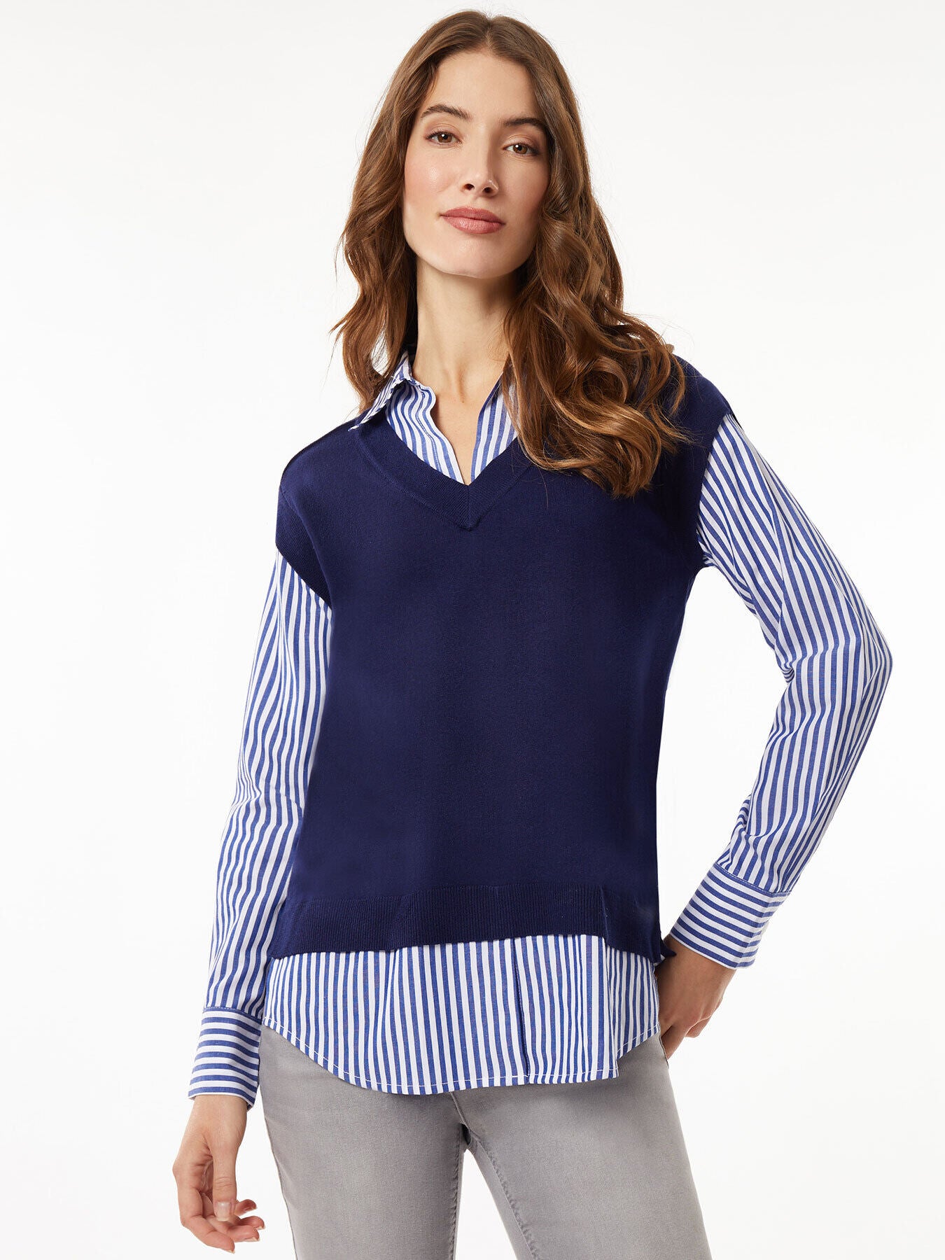 Collared Shirt VNeck Sweater Vest Combo Top