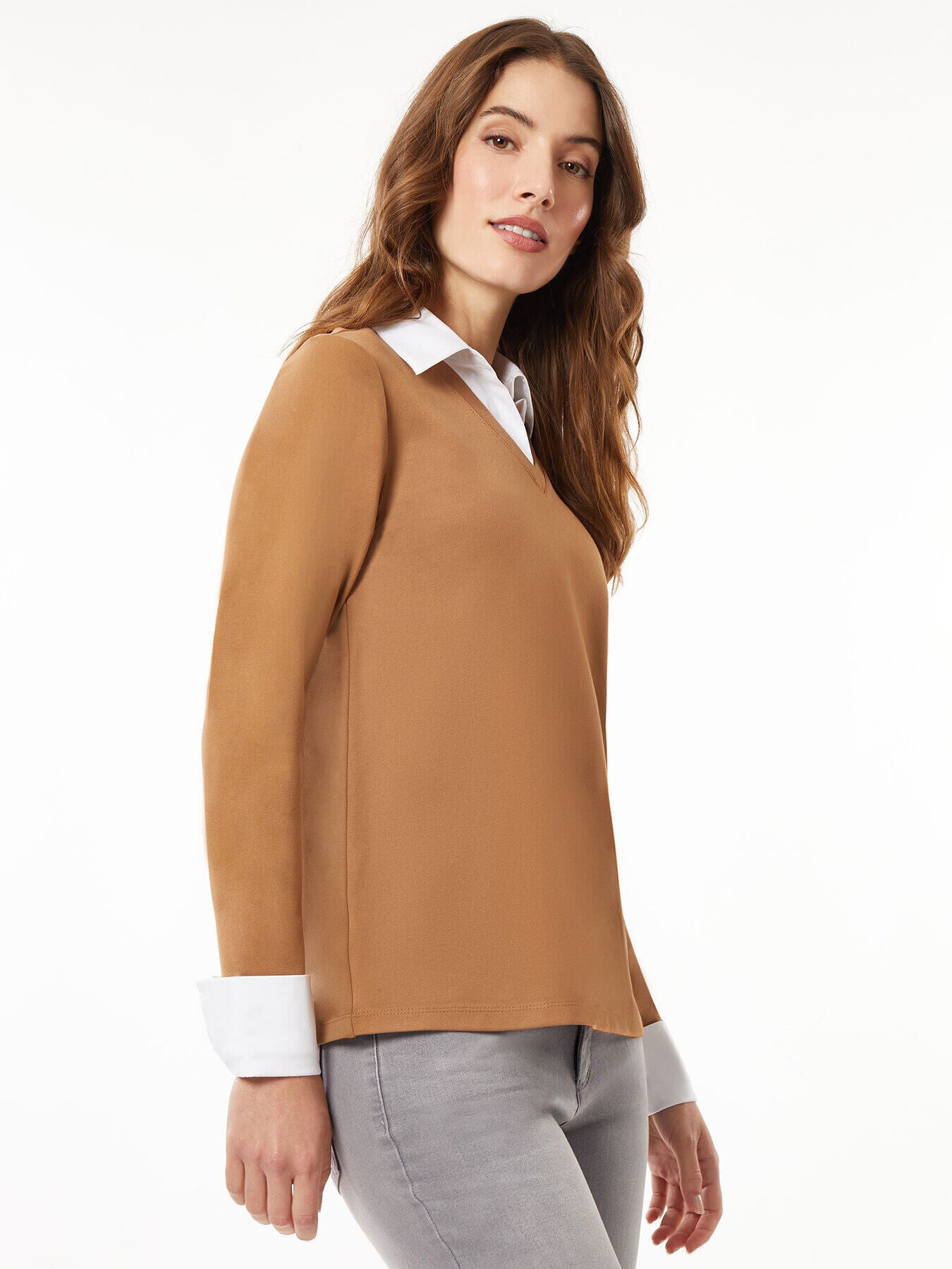 Collared Shirt V-Neck Sweater Combo Top