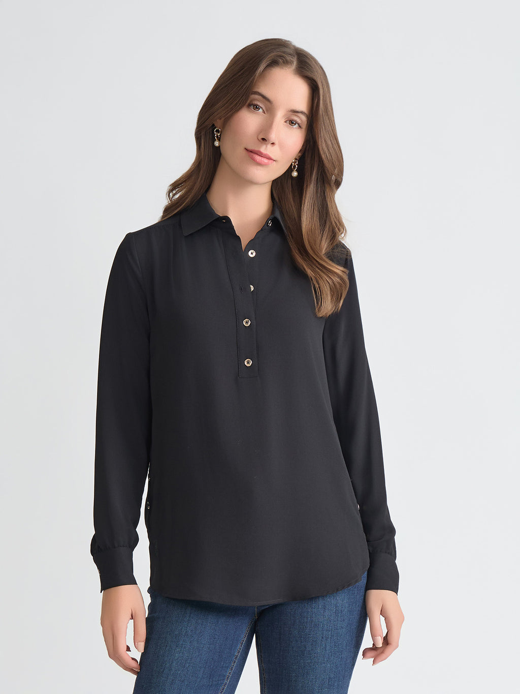 Long Sleeve Collared Popover Blouse