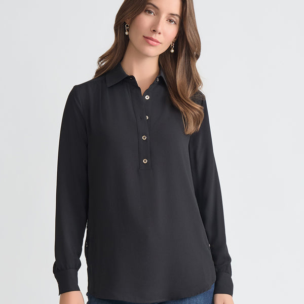 Long Sleeve Collared Popover Blouse