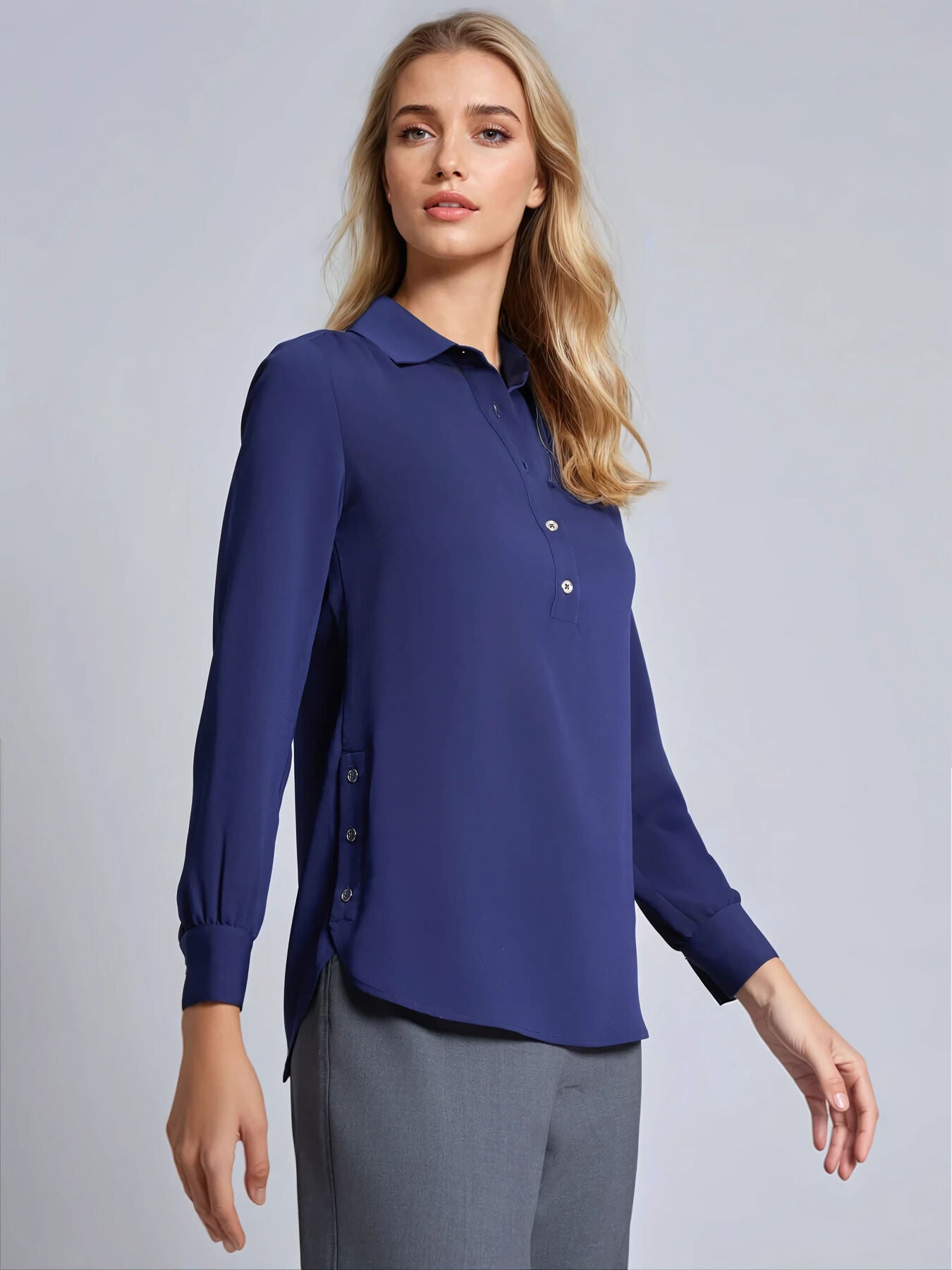 Long Sleeve Collared Popover Blouse