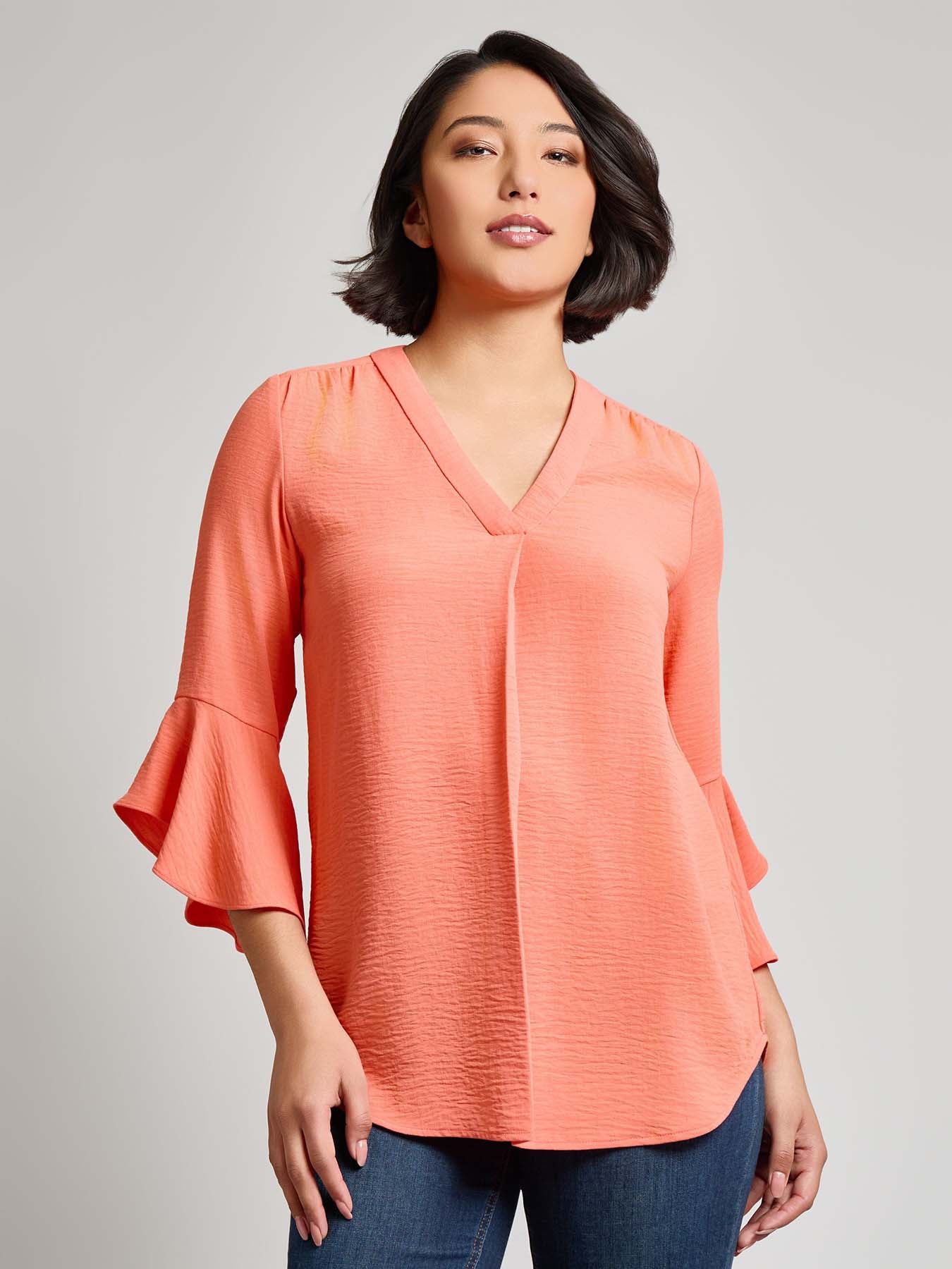 Clay Contrast Trim Flutter Sleeve V Neck Blouse