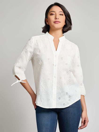 Petite Button Front Tie-Sleeve Shirt