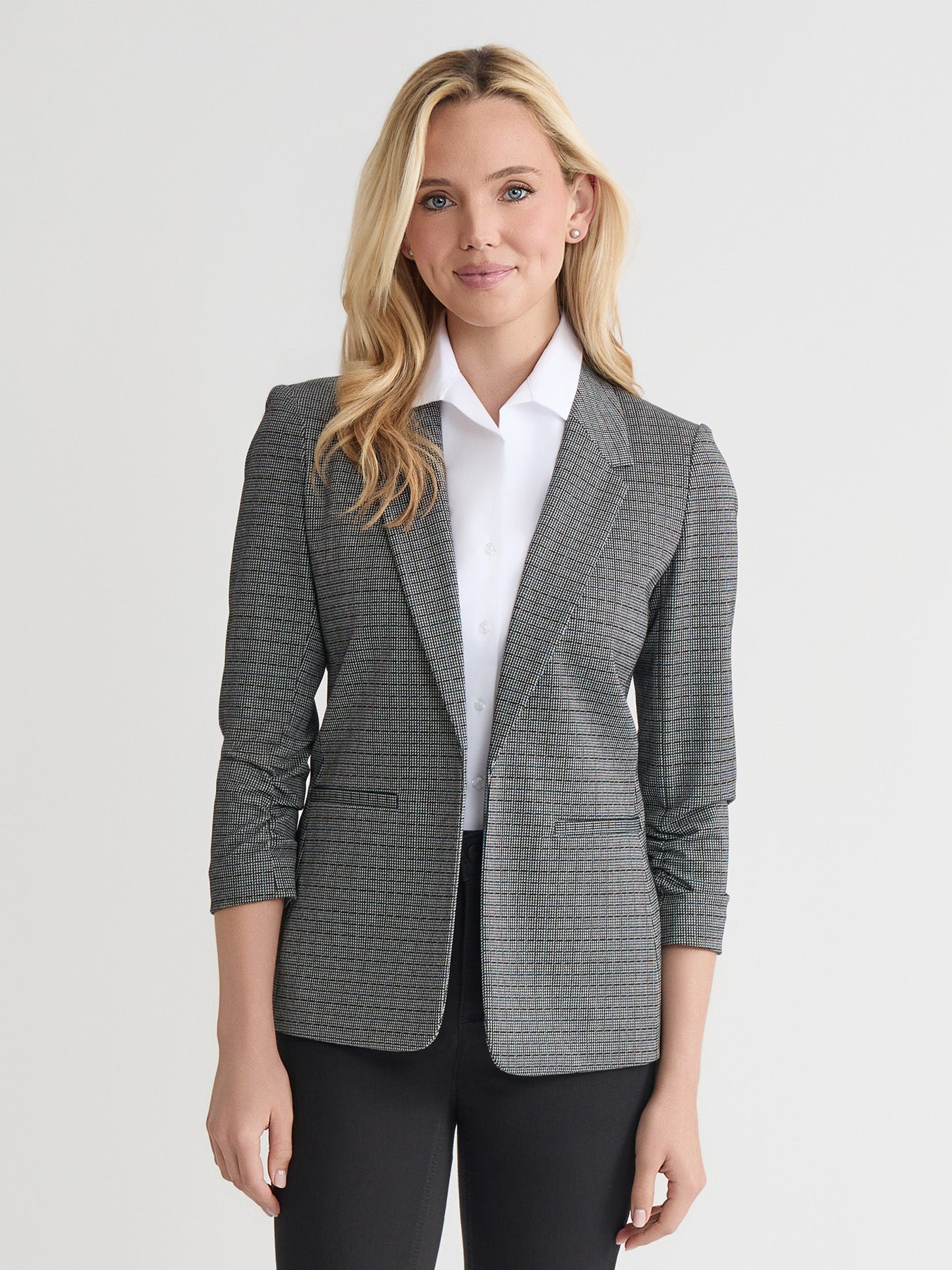 Rouched Sleeve Notch Collar Jacket, Check Jacquard