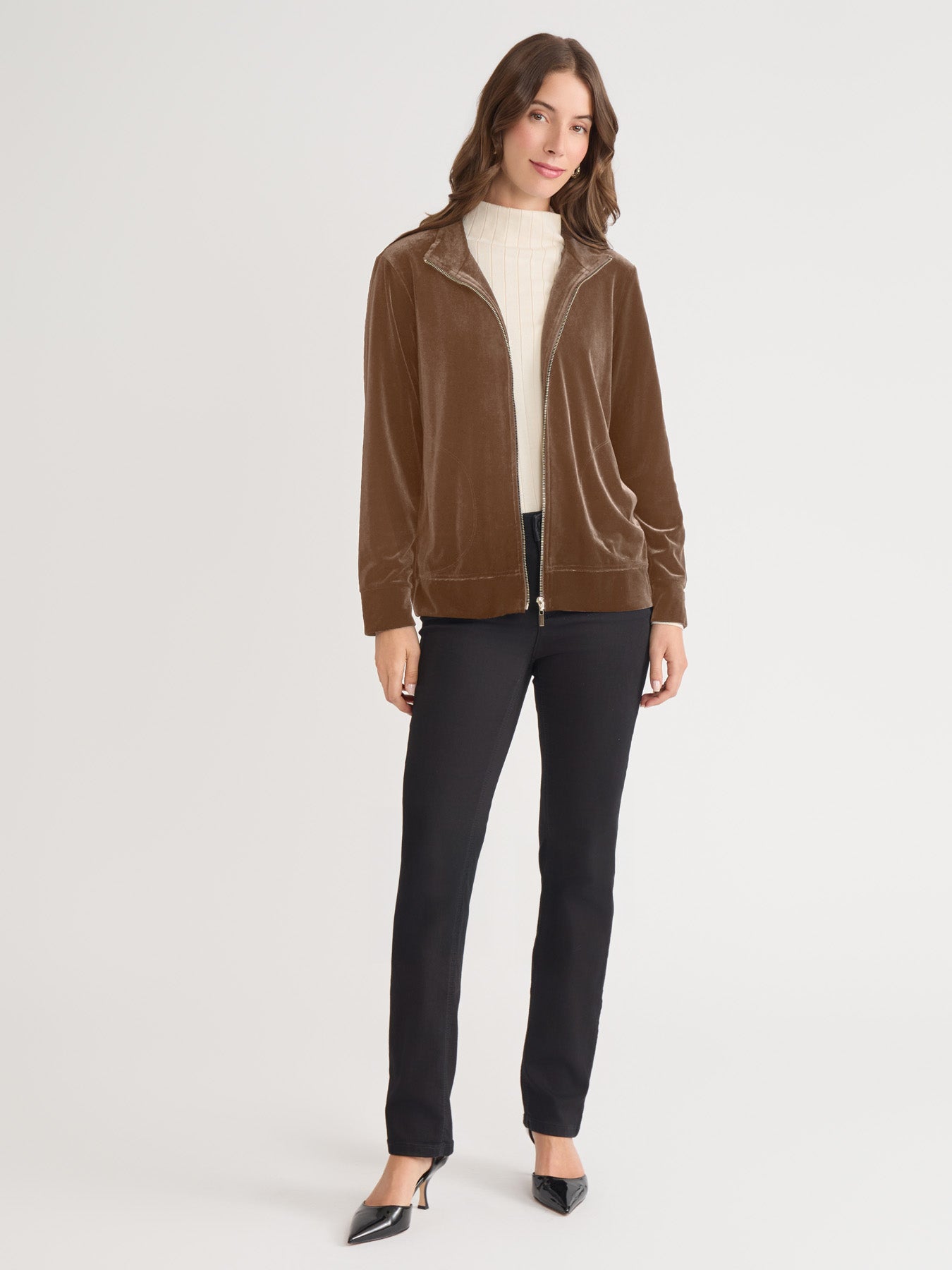 Mock Neck Zip-Front Velour Jacket