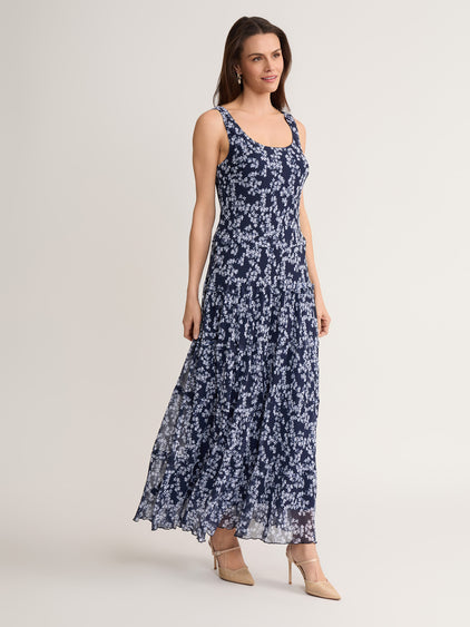 Jones New York Petite Multi-Tier Yoryu Printed Scoop Neck Maxi Dress - Pacific Navy