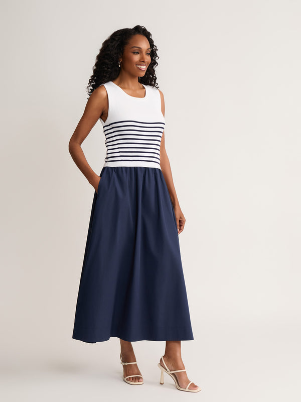 striped navy blue and white dress Sail to Sable Navy & White Stripe Abby Dress NAVY/WHITE Stripe / XL / SCSU2506S