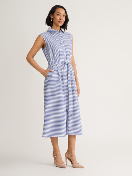 blue and white striped nautical dress Jones New York Sleeveless Pleated Shirtdress