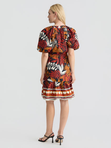 Jones New York Women's Tiered-Puff-Sleeve V-Neck Dress - Jones Black Multi