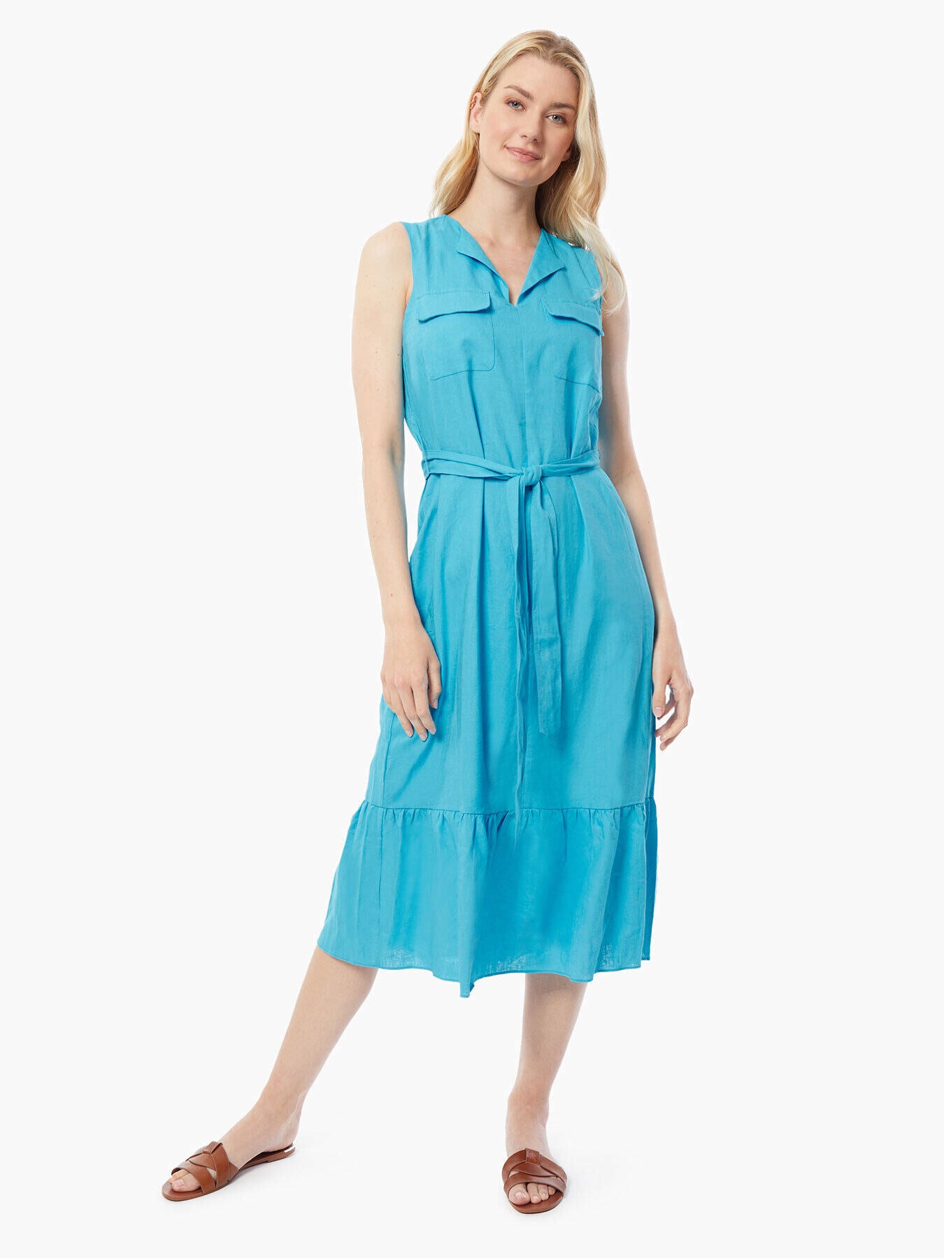 Linen Blend Midi Dress - Flounce Sleeve Dress | Jones New York